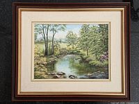 Full view of framed painting showing art, mat and frame