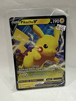 Front of Pikachu V full-art foil promo card showing artwork, HP, and promo numbering