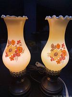 Front view of both illuminated lamps showing floral glass shades and metal bases