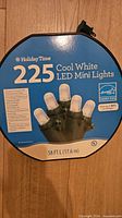 Front of package showing brand, 225 cool white LED mini lights, 58 ft length