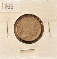 Obverse view of 1936 Buffalo nickel in holder