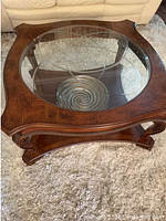 Top view showing glass insert and wood finish