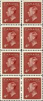 Full block of eight carmine 4¢ King George VI stamps