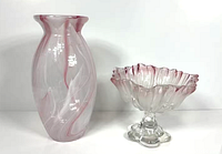 Lux swirl glass vase beside Mikasa footed bowl