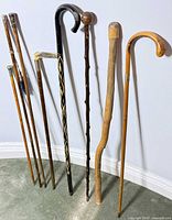 All seven walking sticks lined up against wall