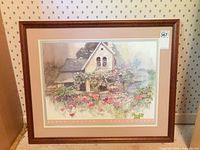 Full view of framed Rose Cottage print in wood frame