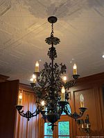 Full view of chandelier hanging from ceiling showing overall design and lights