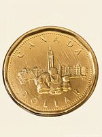 Obverse of Canadian 1995 Peacekeeping $1 coin showing peacekeepers and Parliament Buildings