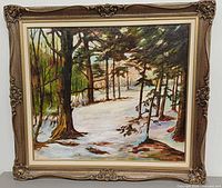Front view of framed winter forest oil painting