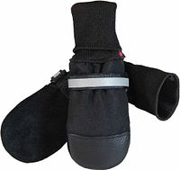 pair of black fleece-lined dog boots showing knit cuff, reflective strap, textured sole
