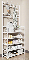 Assembled 5-tier white shoe rack with overhead hooks