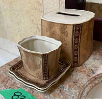 Tissue box cover, square holder on saucer, showing pattern and interiors