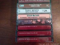 Photo showing 10 music cassettes with titles such as Joy to the World, Tony Kenny sings Danny Boy, Susan McCann Florida Strawberry Festival, Joe Cuddy Beautiful Isle of Somewhere, and three Festival of Irish Folk Music cassettes.