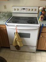 Full front view of the white Amana electric stove with oven door, control knobs, and a hanging towel on handle.