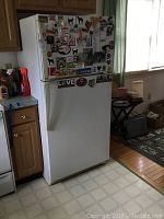 Full view of white Amana refrigerator with various magnets and stickers on front door.