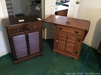 Photo showing both wooden tables side by side on green carpet in room