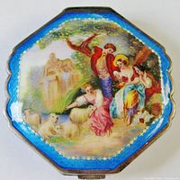Top view of octagonal compact showing blue guilloché enamel and hand-painted scene