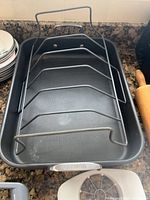 Top view of roasting pan with rack inserted