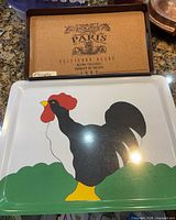 Rooster design tray front and Paris cork tray interior