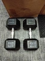 Top view of both dumbbells showing rubber hex heads and chrome handles