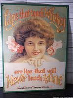 Full view of rectangular tin sign showing portrait and full text