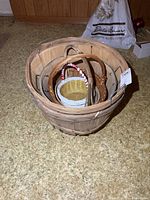 Stacked wood and wicker baskets