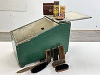 overall lot with box, brushes, polishes, spray, leather case