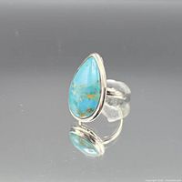 Front angled view of sterling silver ring showing pear turquoise stone and band
