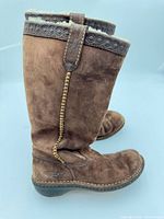 Left and right UGG Australia tall boots, side view showing suede, trim and height