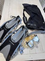 full set: fins, mask, snorkel, mesh bag