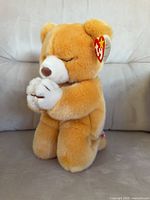 Front view of kneeling Hope bear showing swing tag and praying pose