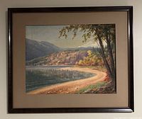 Frontal view of framed painting showing artwork, mat and frame