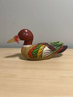Left profile of full wooden duck carving