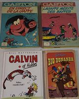 Four comic covers: two Gaston Lagaffe, Calvin et Hobbes, Les Simpson
