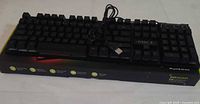 Keyboard resting on top of box showing keys and attached USB cable