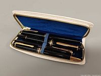 Three pens secured inside white zippered case with blue interior