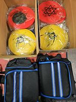 Two boxes each holding a red and a yellow wrapped disc, plus two black carry bags