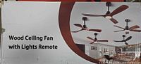 Retail box labeling wood ceiling fan with lights remote