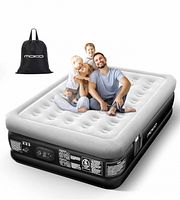 Air mattress with family seated on top and storage bag shown