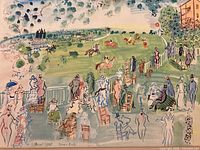 Close-up of lithograph showing racecourse scene and printed signature
