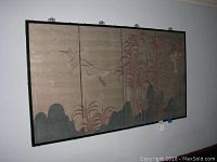 Full view of the 4-panel hanging wall art showing birds flying over reeds and rocks in natural colors and a beige background.