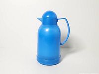 Front view of blue insulated carafe showing body, handle, and lid