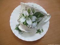 Teacup resting on saucer showing exterior floral pattern