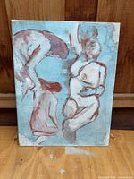 Front view of mixed media painting showing three nude figures