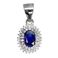 Front view showing sapphire, halo, and bail