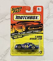 Front view of sealed Matchbox Super Fast T-Bird Stock Car blister pack
