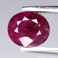 Close-up of oval faceted purplish red ruby held in tweezers, showing overall shape, color and inclusions