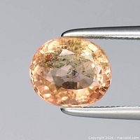 Faceted oval pinkish orange tourmaline held by tweezers showing clarity and color