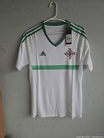 Front view of jersey on hanger showing overall design, crest and tag