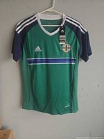Front view of Adidas Northern Ireland jersey on hanger